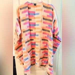 Striped Brushstroke Open Front Kimono in Peach Pink Blue or Swimsuit Coverup